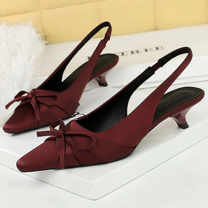 BIGTREE Shoes Silks Satins Women's Sandals Bowknot Kitten Heels Women Shoes Pointed Low Heel Shoes Hollow Out Hook Strap Pumps