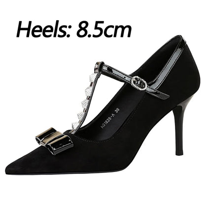 BIGTREE Shoes Rivet Women Pumps T-shaped Buckle High Heels Bowknot Stiletto Suede Women Pumps Buckle Sexy Party Shoes Women Heel