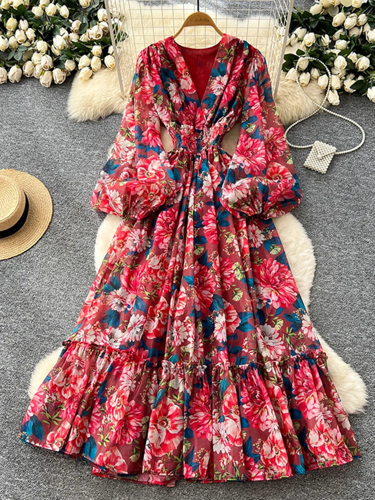 Spring Autumn French V-neck Lantern Sleeve Chiffon Dress Women Fashionable Elegant Elastic Waist Lotus Leaf Edge Length Dress L8
