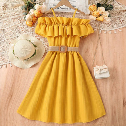 Summer Girl Dress Off Shoulder Fashion Girl Clothes Teenager Beach Dress with Belt Kid Outfits Children Clothing Plus Size Teens