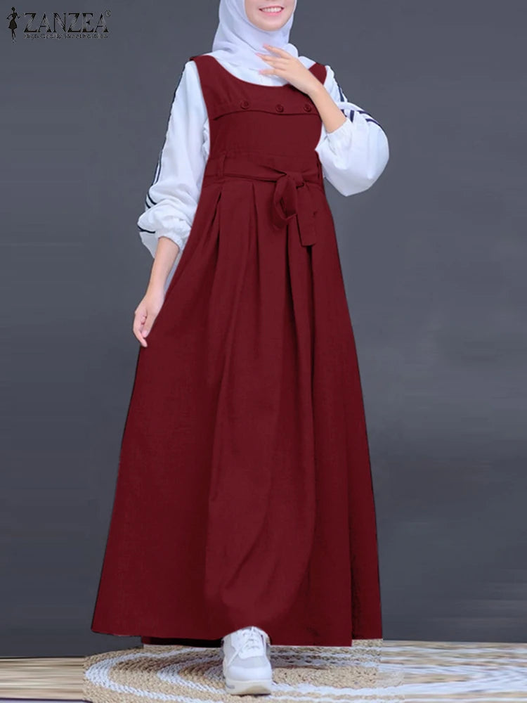 ZANZEA Muslim Abaya Hijab Dress Women Spring Maxi Long Dress Fashion Summer Sleeveless Overalls Dresses Kaftan IsIamic Clothing