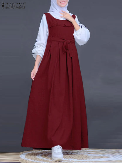 ZANZEA Muslim Abaya Hijab Dress Women Spring Maxi Long Dress Fashion Summer Sleeveless Overalls Dresses Kaftan IsIamic Clothing
