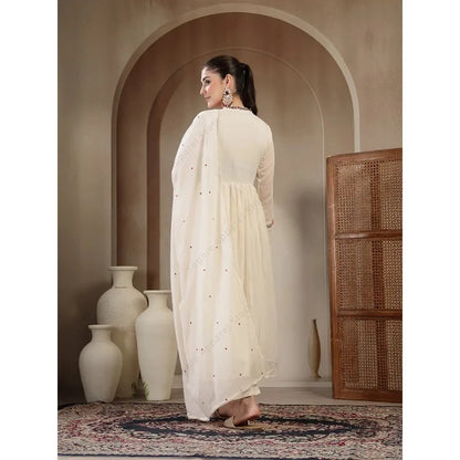White Cotton Anarkali Kurti Set with Pant Dupatta Floral Embroidered Indian Ethnic Wear Elegant Summer Suit for Women