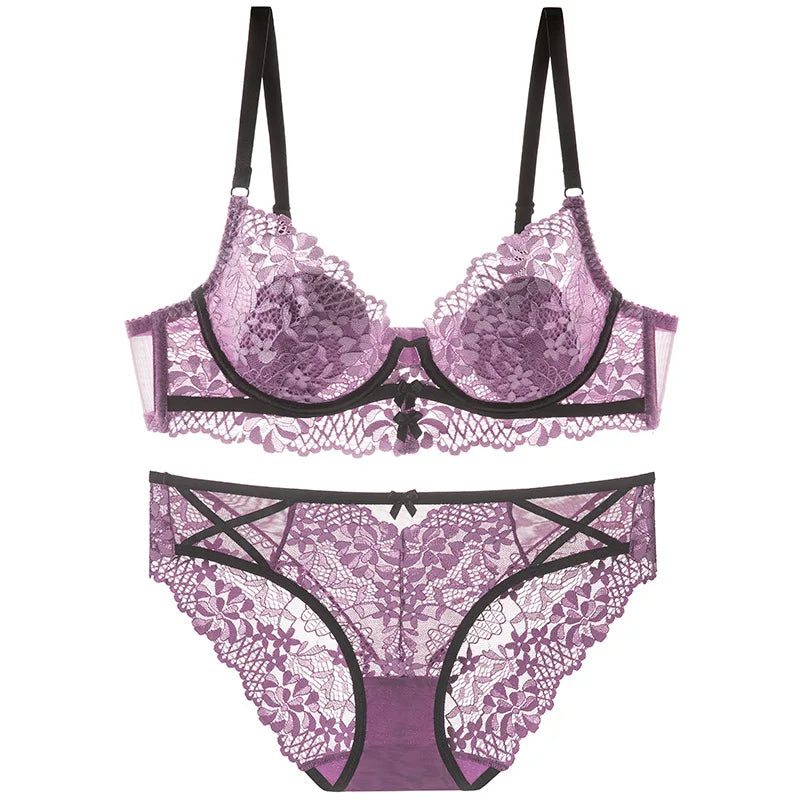 New Women Lingerie Set Sexy Lace Push Up Bra French 3/4 Thin Cup Bralette Cute Bow Decoration Underwear Comfort Bras Briefs Sets