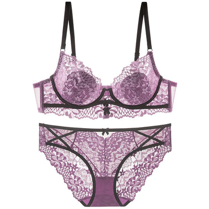 New Women Lingerie Set Sexy Lace Push Up Bra French 3/4 Thin Cup Bralette Cute Bow Decoration Underwear Comfort Bras Briefs Sets