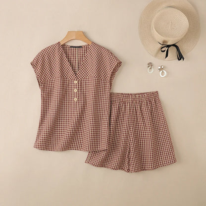 2026 Fashion Summer 2 Pieces Sets ZANZEA Plaid Tracksuit Women V Neck Short Sleeve Blouse Short Sets Casual Holiday Work Outfits