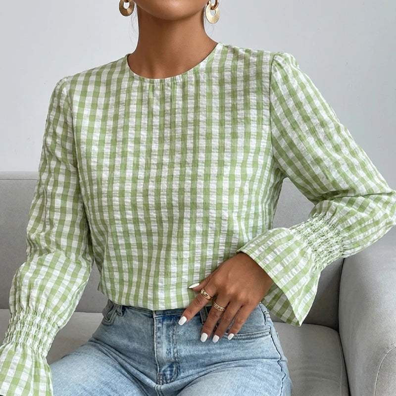 ZANZEA Women's Stylish Gingham Blouses Casual O-Neck Long Sleeve Shirred Cuffs Loose Tops Everyday Wear Going-Out Blusas Mujer 7