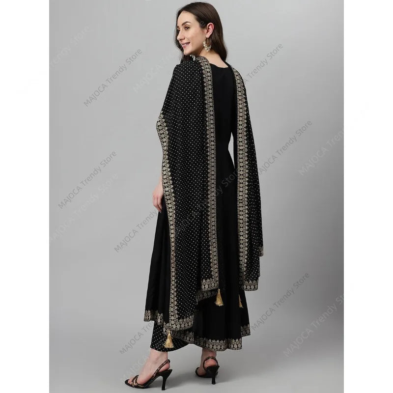 Indian Pakistani Women Black Rayon Kurta Pant Set with Dupatta Ethnic Embroidery 3 Piece Suit Traditional Anarkali Salwar Kameez