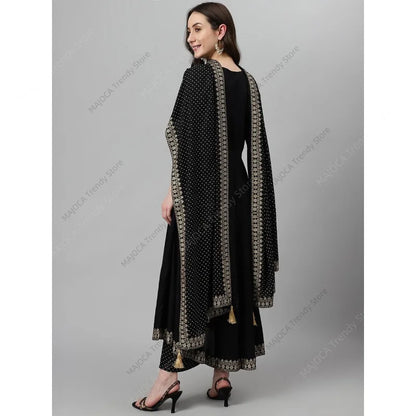 Indian Pakistani Women Black Rayon Kurta Pant Set with Dupatta Ethnic Embroidery 3 Piece Suit Traditional Anarkali Salwar Kameez