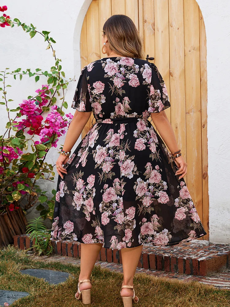 GIBSIE Plus Size Surplice Neck Butterfly Sleeve Belted Dress Women Holiday Floral Print A-line Boho Summer Long Dresses 2024 New