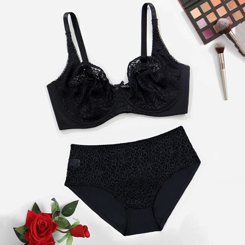 BEAUWEAR Female Big Size Lace Lingerie Set Bra with Wire Unlined Thin Breathable Bra and Panties Set 85C-110E