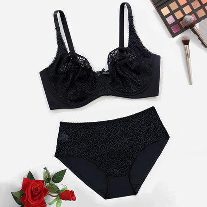 BEAUWEAR Female Big Size Lace Lingerie Set Bra with Wire Unlined Thin Breathable Bra and Panties Set 85C-110E