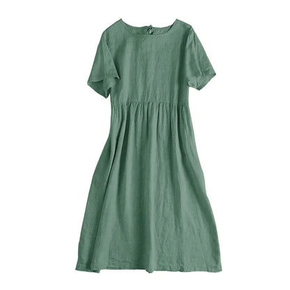Original Women Cotton Linen Midi Dresses Summer Chic Female Vestidos Loose Soild A-Line Dress Short Puffy Sleeve Casual Sundress
