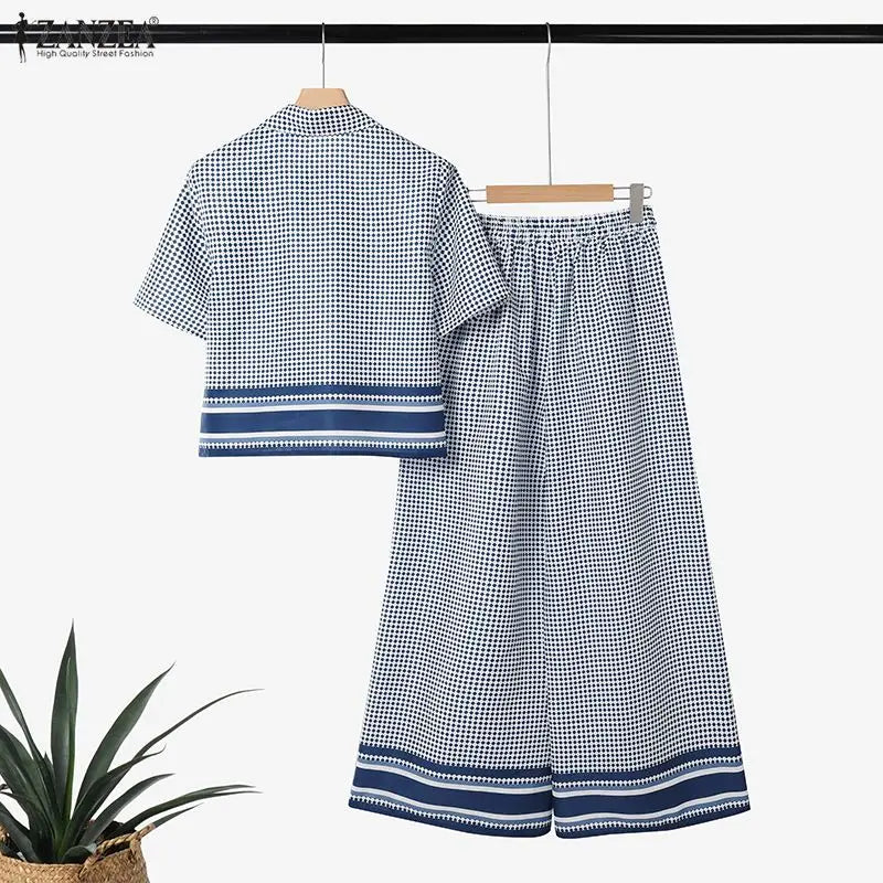 2026 ZANZEA Summer Pant Sets Fashion Women 2 Piece Sets Short Sleeve Shirt Wide Leg Trousers Suit Plaid Outfits Office Tracksuit