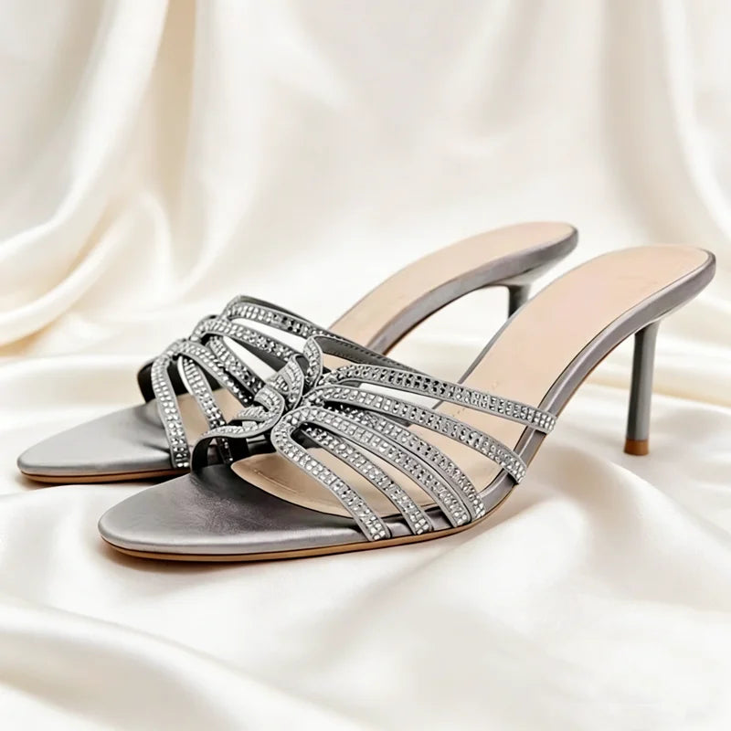 Luxury Rhinestone Detail Women Slippers Sexy Peep-Toe Heeled Sandals for Ladies Elegant Summer Women's Shoes Sandalias De Mujer