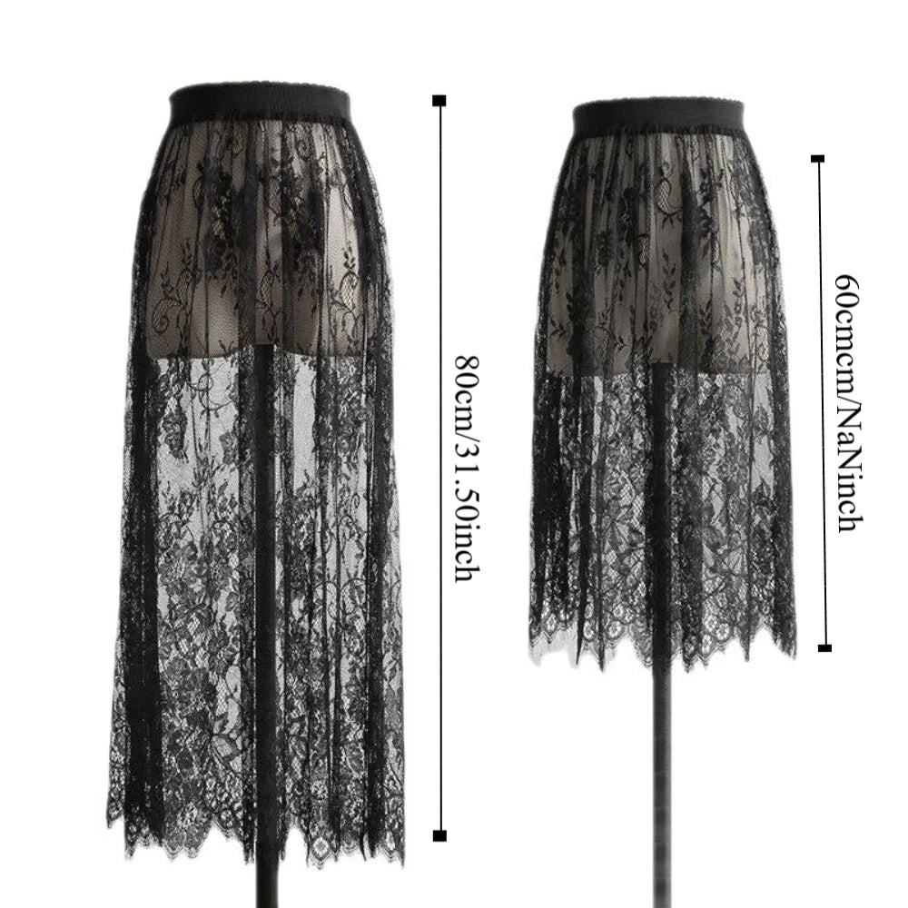 Fashion Transparent Sexy Lace Mesh Skirt Elegant Lace Long Tulle Skirt Ladies Elastic High Waist Womens Skirt Ladies