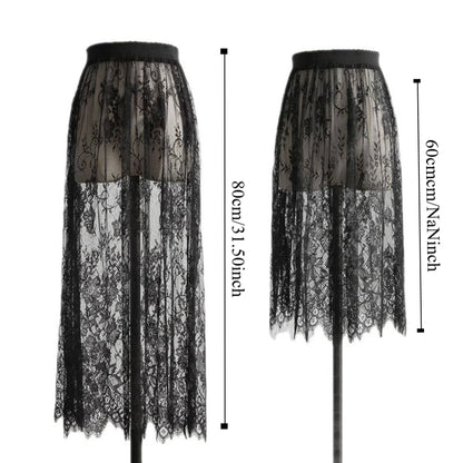 Fashion Transparent Sexy Lace Mesh Skirt Elegant Lace Long Tulle Skirt Ladies Elastic High Waist Womens Skirt Ladies