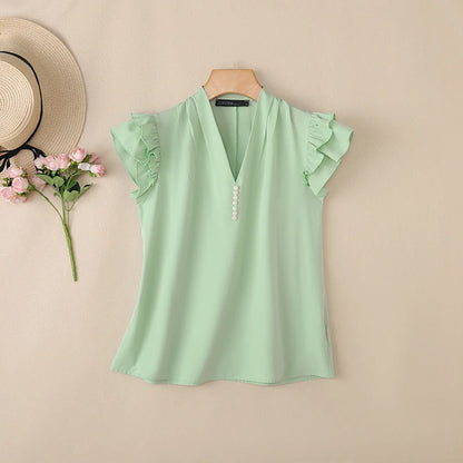 ZANZEA Women Sophisticated Elegant Flying Sleeves Blouses V-Neck Pearls Detail Solid Color Tops Summer Pleated Blusas de Mujer
