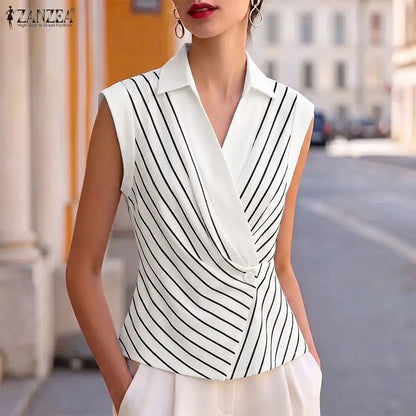 ZANZEA Elegant Women Striped Shirts Summer Turn-Down Collar Single Button Cinch Waist Sleeveless Tops Office Lady Vest Tops 3XL