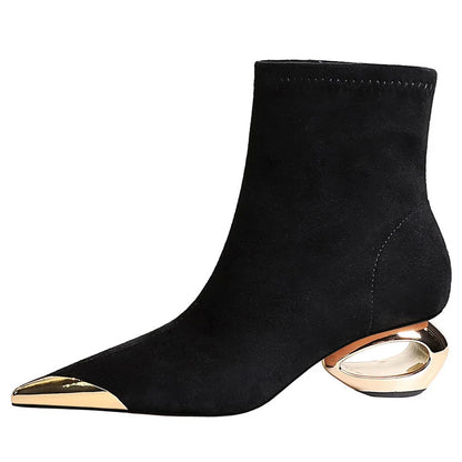 BIGTREE Shoes Metal Pointed Tip Women Boots Hollow Out Heels Women Ankle Boots Female Suede Short Boots Mid Heel Shoes Fashion