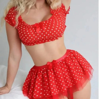 Women's Sexy Polka Dot 2 Piece Lingerie Set, Off Shoulder Mesh Tulle Skirt with Garter Straps for Nightwear