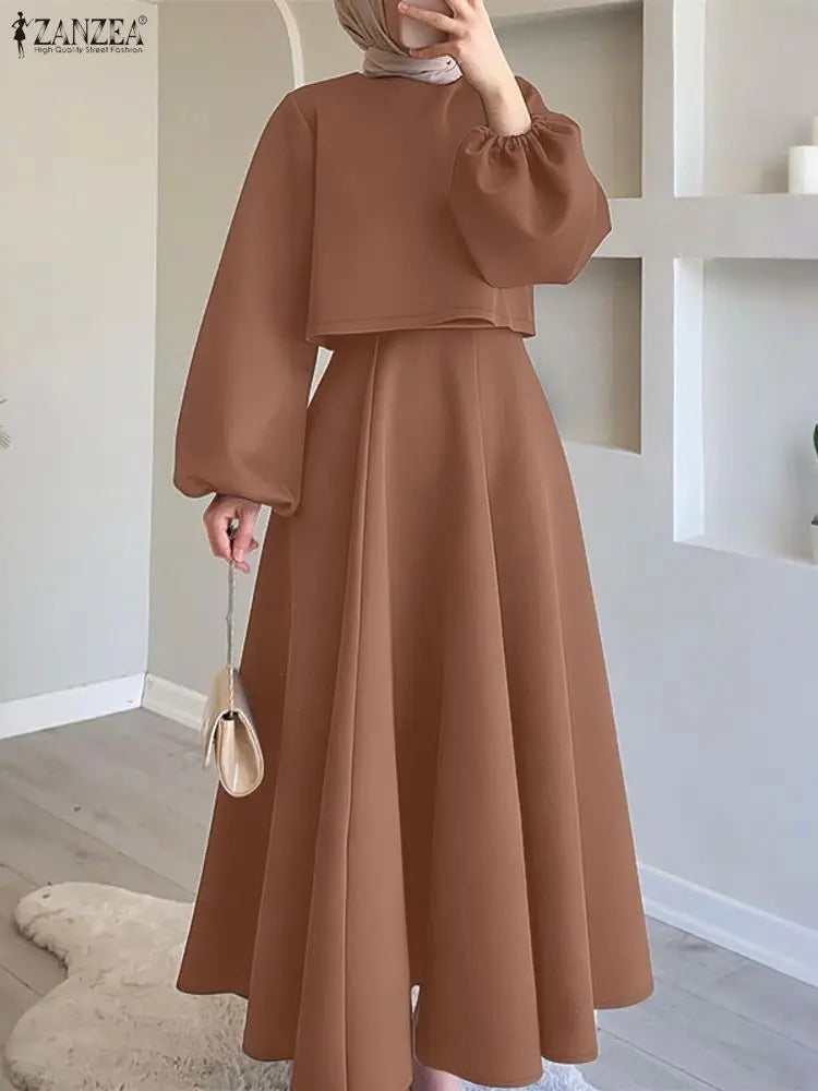 ZANZEA Spring Elegant Long Sleeve Dress Sets Stylish Women 2 Piece Sets Office Outfits Solid Cropped Blouse Skirt Tracksuit 2026