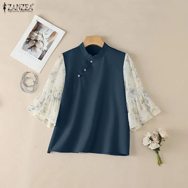 ZANZEA Woman Elegant Blouses Vintage Mandarin Collar Floral Printed 3/4 Flare Sleeve Tunic Tops Summer Patchwork Blusas de Mujer