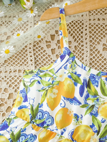 Girls 1-Piece Vacation Sundress, Lemon Blue Floral Print Spaghetti Strap A-Line Casual Summer Dress
