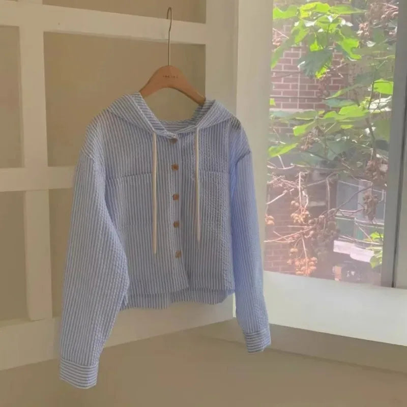 Korean Chic Breathable Stripe Contrast Color Hooded Shirt for Women Loose Long Sleeve Sunscreen Short Fit Single Match All Seaso