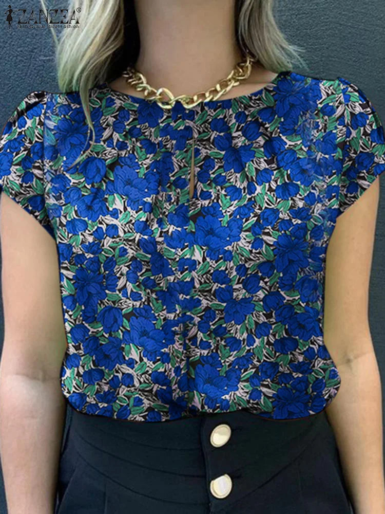 ZANZEA Bohemian Floral Printed Blouse Summer Casual Pleated Design Tops Woman Elegant Short Sleeve Shirt Female Holiday Blusas