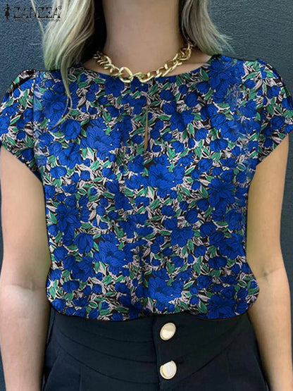 ZANZEA Bohemian Floral Printed Blouse Summer Casual Pleated Design Tops Woman Elegant Short Sleeve Shirt Female Holiday Blusas