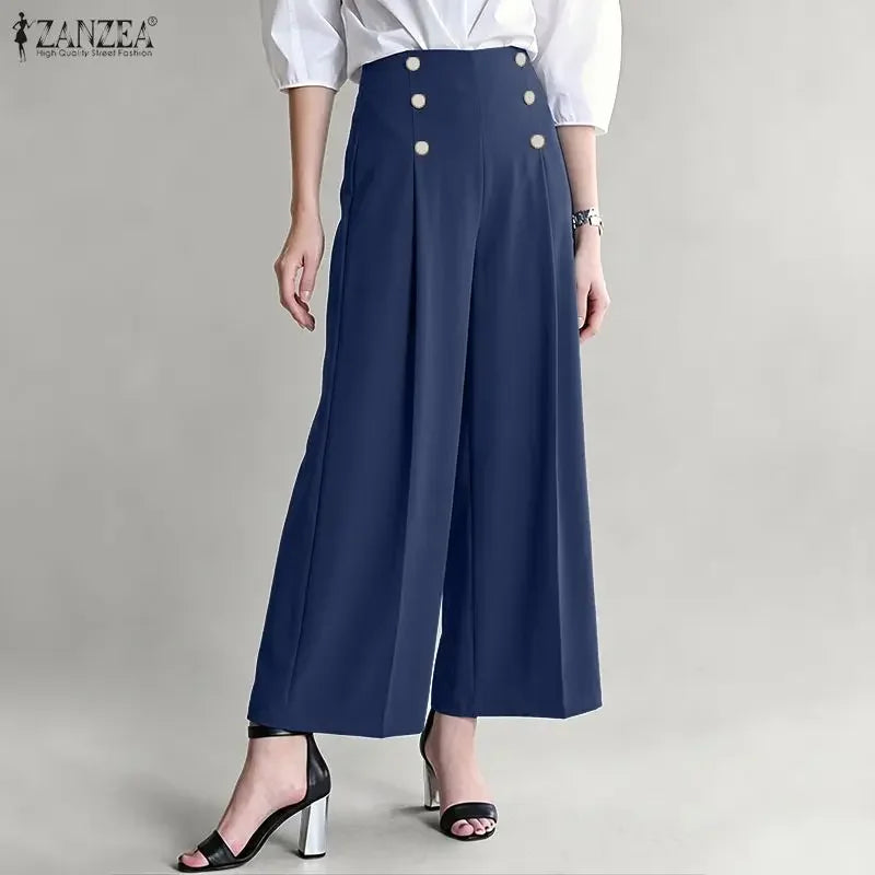 ZANZEA Summer Women High Waist Officewear Pants Stylish Pleated Trousers Elegant Casual Solid Loose Wide Leg Pantalon Streetwear
