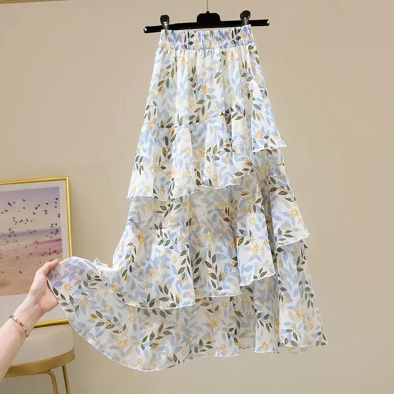 Hot Sale Floral Skirt Women New Summer 2025 Sweet Ruffled A-line Chiffon Long Skirt Woman Korean Clothing