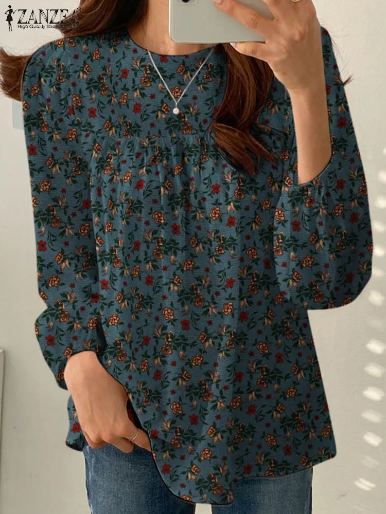 ZANZEA Women's Elegant Floral Blouses Autumn Cotton Linen Long Puff Sleeve O-Neck Gathered Loose Tops Casual Daily Woman Clothes