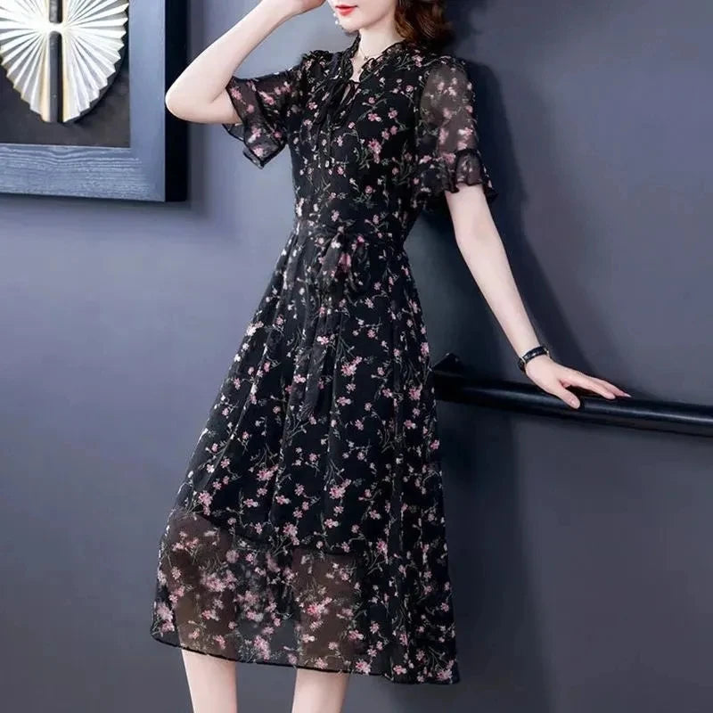 Women Summer Chiffon Printed Dresses 2025 Spring Summer Long Elegant Drawstring Dress Female Large Size Midi Dresses 6XL W752