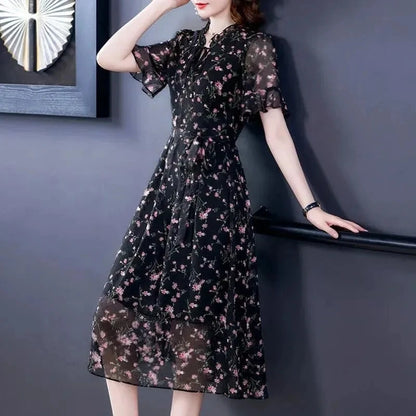 Women Summer Chiffon Printed Dresses 2025 Spring Summer Long Elegant Drawstring Dress Female Large Size Midi Dresses 6XL W752