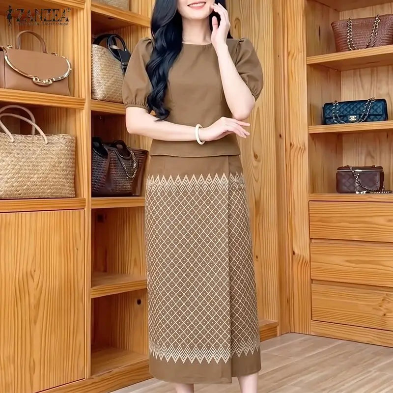 ZANZEA Women 2-Piece Sets Puff Sleeve Solid Crop Top & Geometric Print Maxi Skirt Matching Sets Elegant Date Night Co-ords 3XL