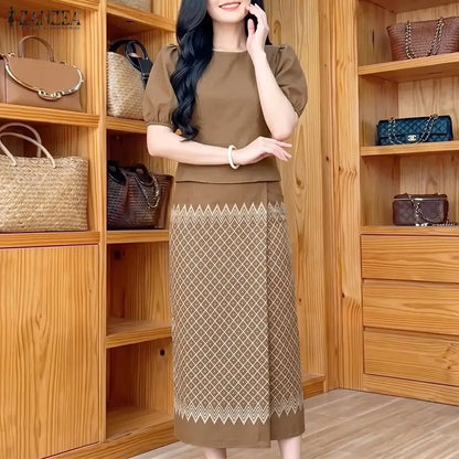 ZANZEA Women 2-Piece Sets Puff Sleeve Solid Crop Top & Geometric Print Maxi Skirt Matching Sets Elegant Date Night Co-ords 3XL