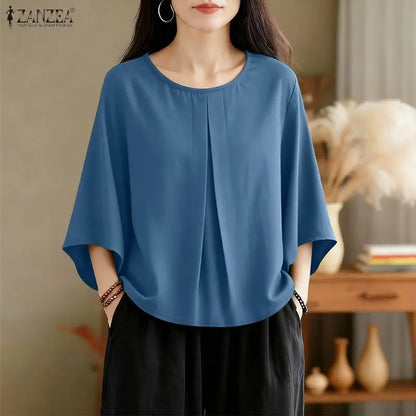 ZANZEA Women's Minimalist Solid Blouses Summer Casual O-Neck 3/4 Flare Sleeves Pleated Loose Tops 2026 Spring Woman Clothes 3XL
