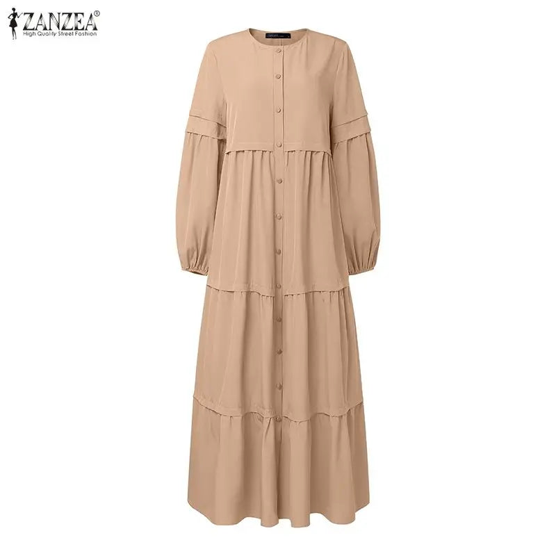 Women Autumn Dresses ZANZEA Muslim Abaya Robe Femme Elegant Long Sleeve Pleated Sundress Ramadan Kaftan Solid Button Vestido