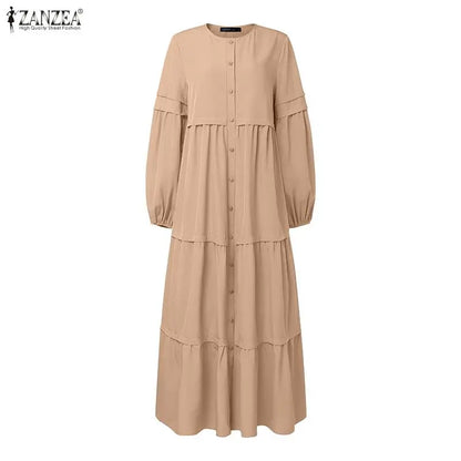 Women Autumn Dresses ZANZEA Muslim Abaya Robe Femme Elegant Long Sleeve Pleated Sundress Ramadan Kaftan Solid Button Vestido