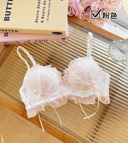 YUQI Japanese Style Lace Lingerie Set, Wireless Push Up Bra for Small Breasts, Anti-Sagging Lolita Bralette, Sheer Comfort Wear