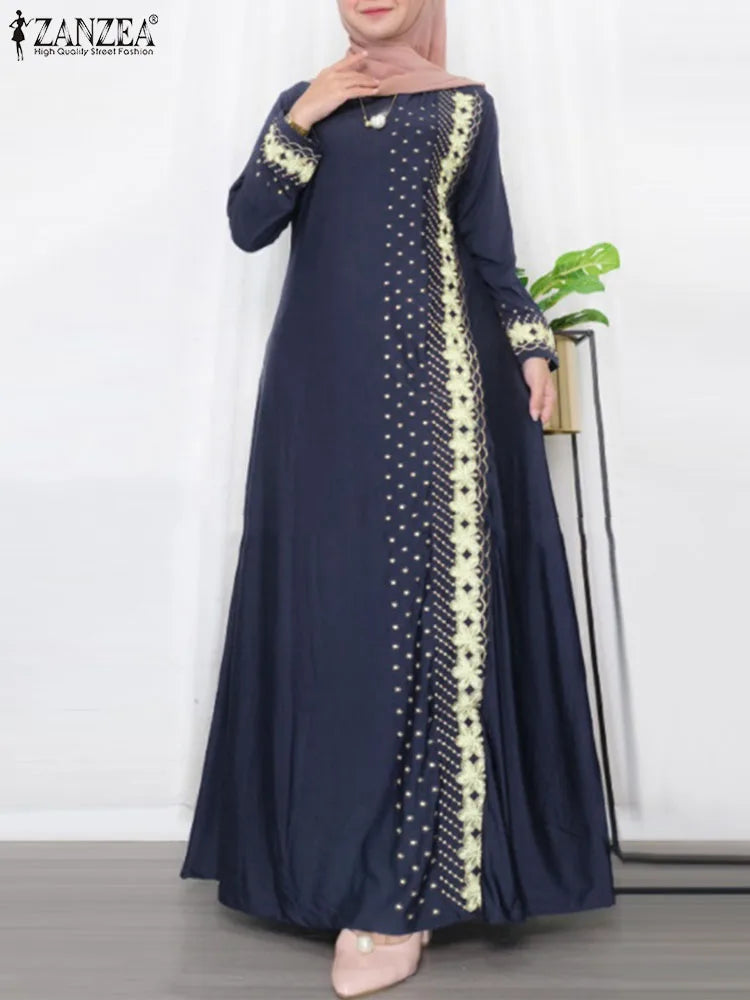 ZANZEA Muslim Fashion Dresses IsIamic Long Robe Abaya Vintage Floral Printed Vestidos Long Sleeve Maxi Sundress Abayas For Women
