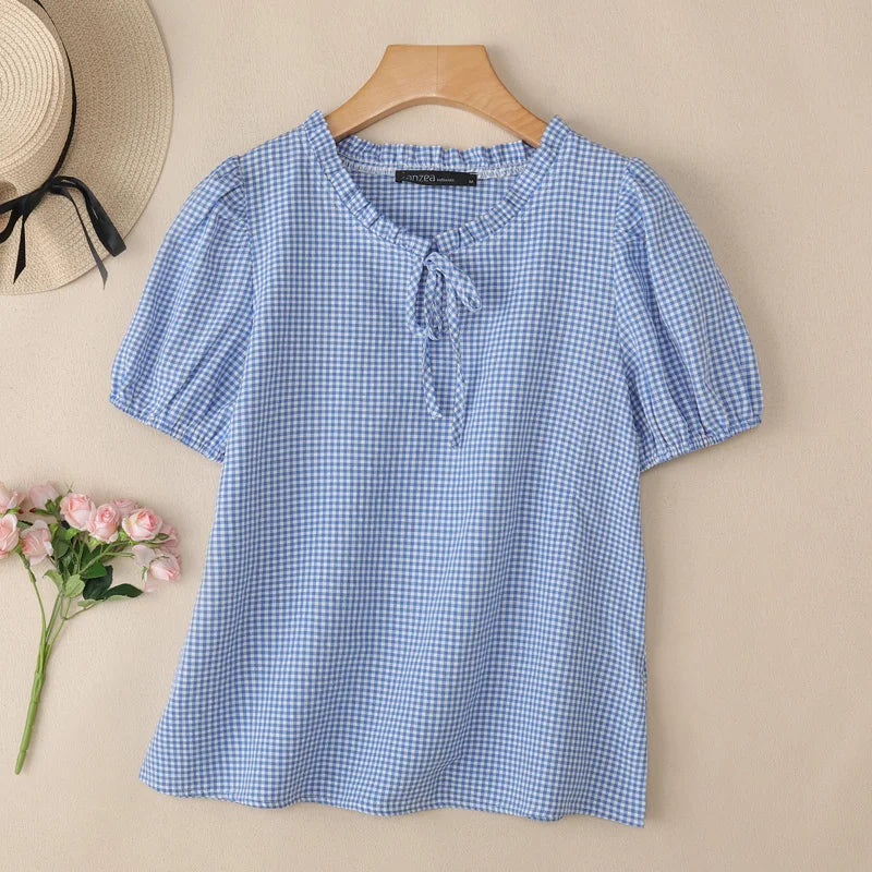 ZANZEA Woman Gingham Check Blouses Lace-Up Keyhole Ruffled Trim O-Neck Puff Short Sleeve Tops Summer Daily Casual Blusas Mujer