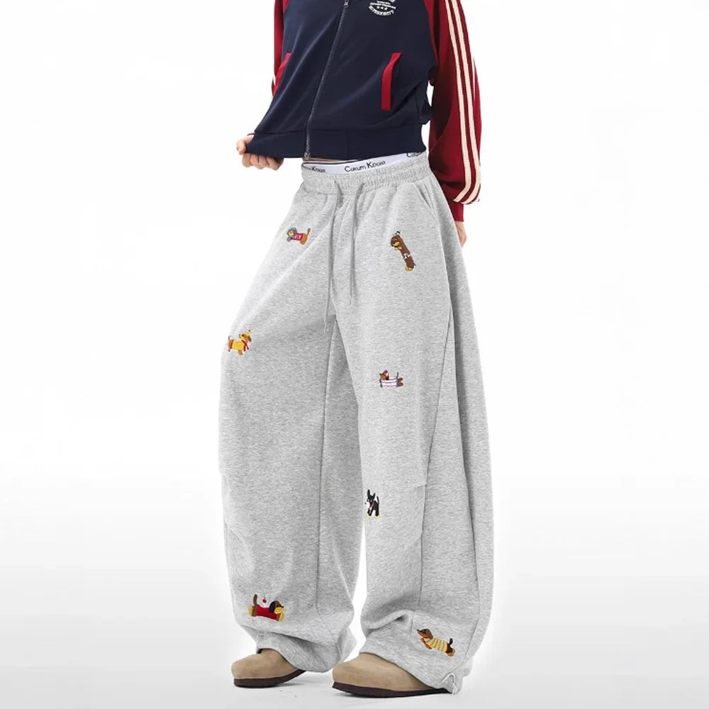 Dachshund Embroidery Sweatpants Loose Casual Joggers Wide Leg Couple Streetwear Fun Fashion Comfortable Pants baggy sweatpants