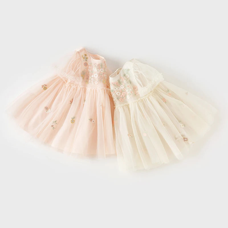 Dave Bella Children's Princess Dress for Girls 2025 New Summer Floral Puff Sleeves Mesh Charm Noble Cute Sweet Party DB2240549