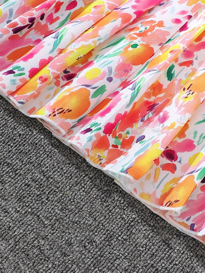 Summer Casual Floral Pattern Lantern Sleeve Dress for Girls with Belt Fashionable Comfortable All-Match for Leisure Outings