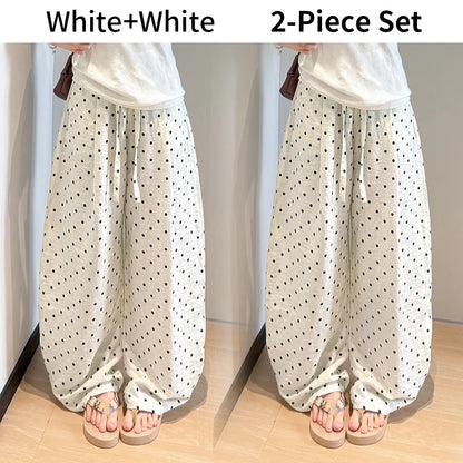 Linen Polka Dot Wide-Leg Pants for Women's Summer, Thin High-Waisted Loose and Laid-Back Style Yamamoto Pants, Casual Straight-L
