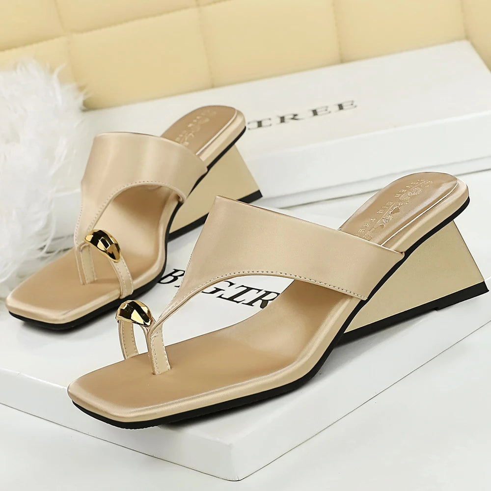 BIGTREE Shoes Wedge Heels Women Shoes Metal Buckle Square Head Flip-flops Summer Women's Sandals Satin Women Pumps Fashion
