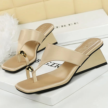 BIGTREE Shoes Wedge Heels Women Shoes Metal Buckle Square Head Flip-flops Summer Women's Sandals Satin Women Pumps Fashion